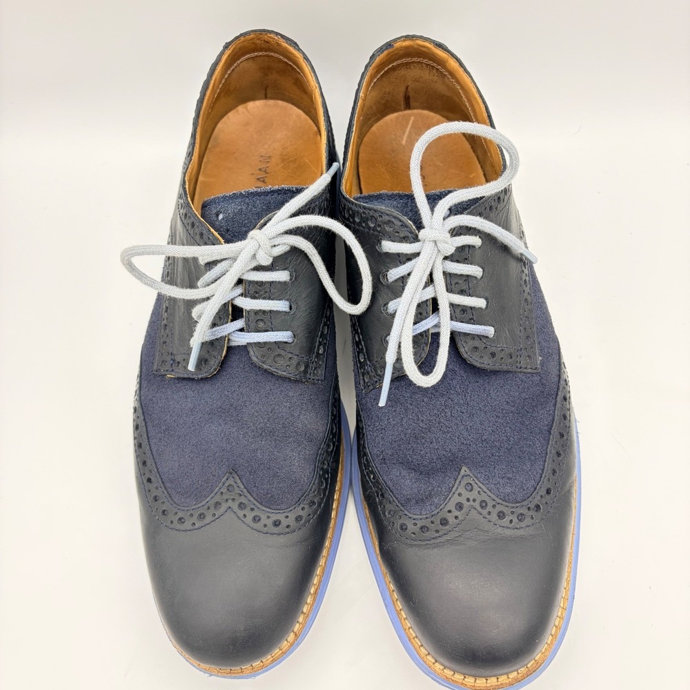 Cole Haan LunarGrand Navy Leather Suede Wingtip Oxfords M9 Blokecore Tech Soles - Picture 3 of 10